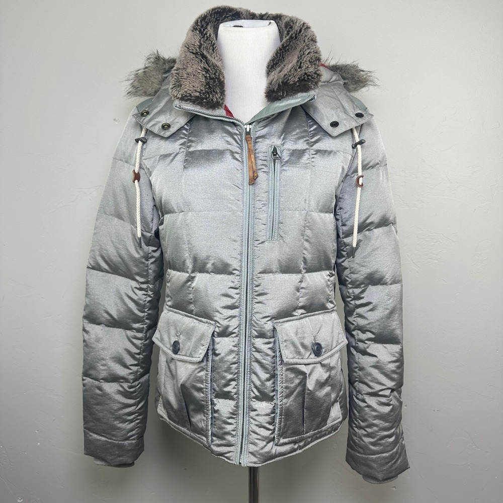 Eddie Bauer Yukon Model Down Puffer Jacket Silver Faux Fur Hood L11FN147 Women M